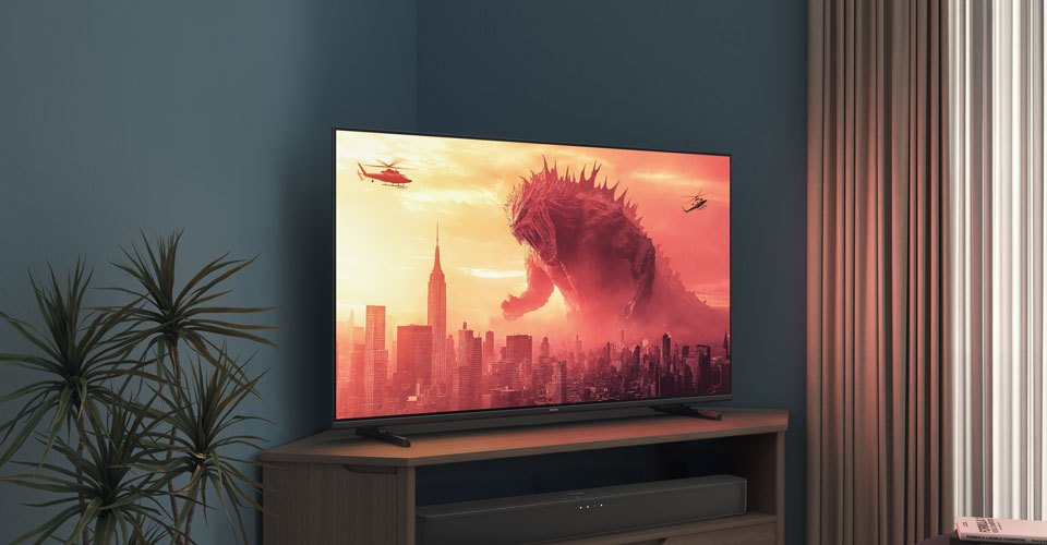 Un t&eacute;l&eacute;viseur Philips sur un support d'angle affiche un film Godzilla