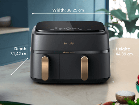 Philips met twee manden op het aanrecht met de afmetingen erbij: breedte: 38,25 cm, diepte: 31,42 cm, hoogte: 44,39 cm